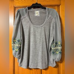 Chic Gray Women's Blouse with Floral Embroidery